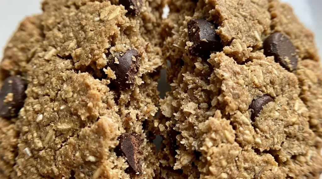 Stack of soft no powder protein cookies made with oats and peanut butter on a ceramic plate