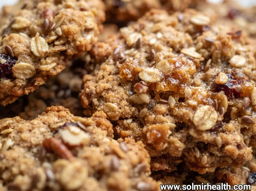 Golden oat and honey cookies with raisins cooling on a baking tray