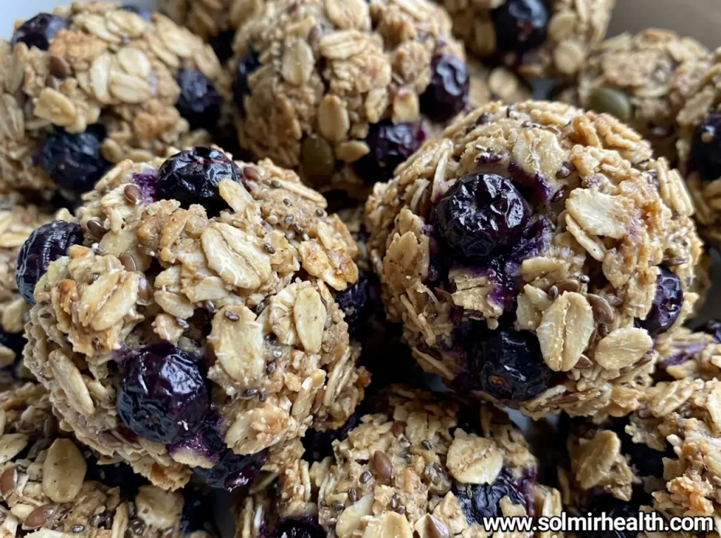 Oat blueberry bites with dried blueberries and flax seeds in a bowl