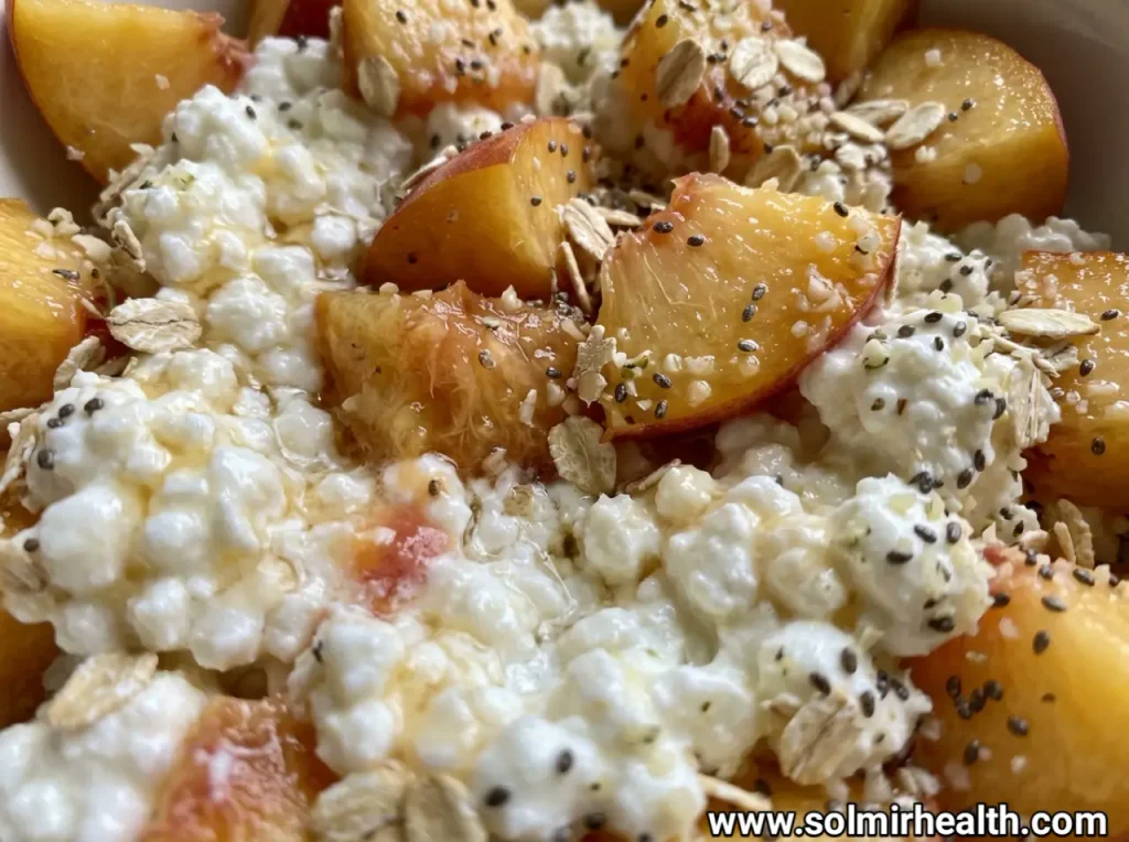 A bowl of cottage cheese with sliced peach, almonds and honey