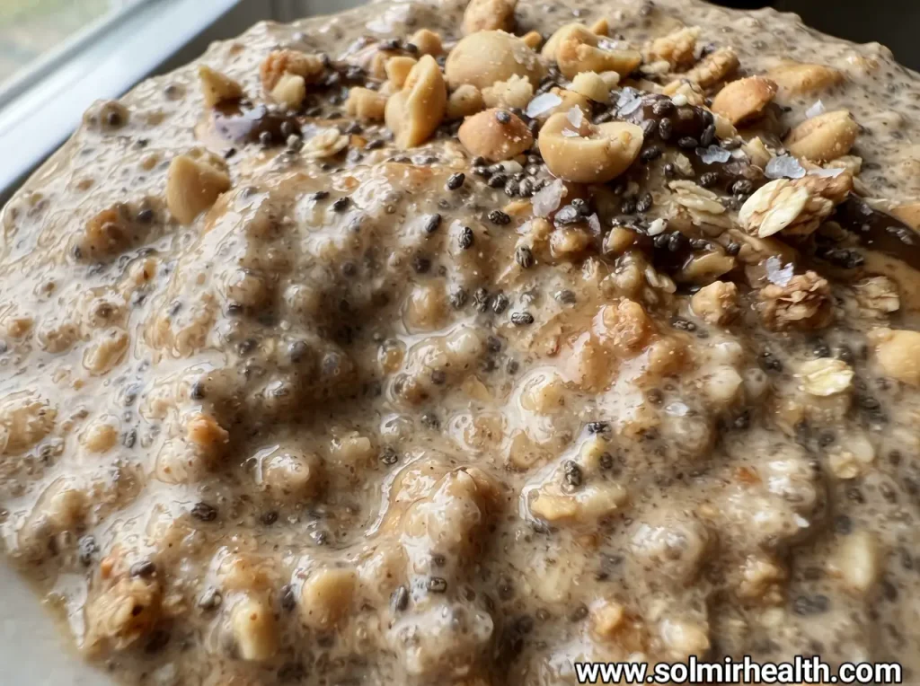 A glass jar of peanut butter chia pudding topped with sliced banana, a creamy healthy sweet snacks