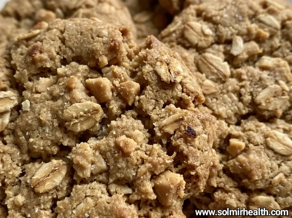 Peanut butter oat cookies with dark chocolate chips stacked on a plate