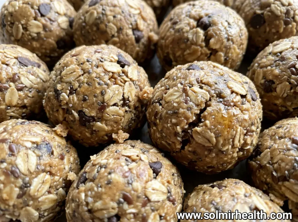 Peanut butter protein balls with a thin chocolate drizzle on a plate