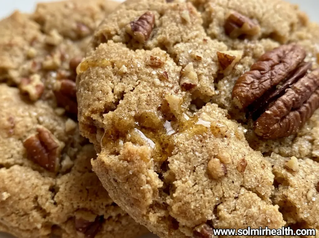 Pecan maple cookies with golden edges on parchment paper