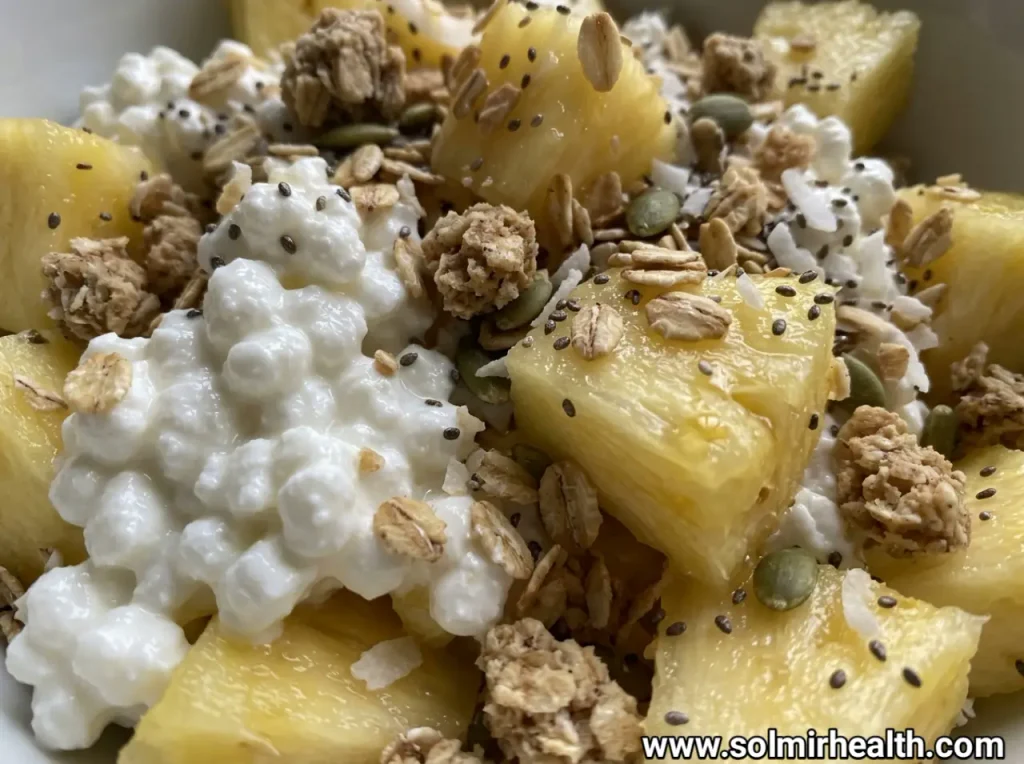 A bowl of cottage cheese topped with pineapple chunks and shredded coconut