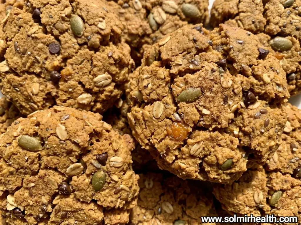 Pumpkin oat cookies with pumpkin seeds on a wooden board
