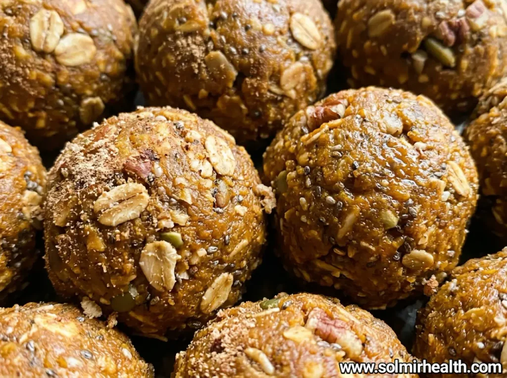 Pumpkin spice oat bites with chopped pumpkin seeds on a wooden board