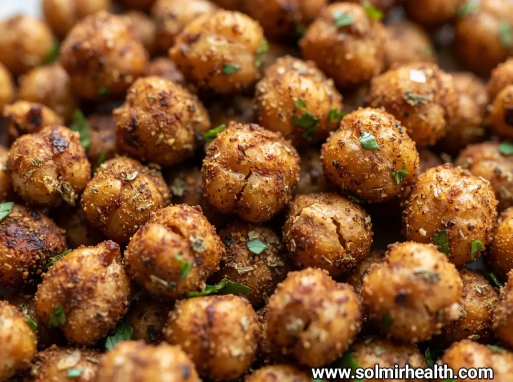 Bowl of crispy golden roasted chickpeas, a crunchy option among healthy snack recipes