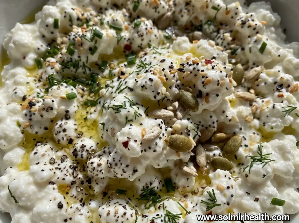 Savory cottage cheese bowl with cucumber, cherry tomatoes, olive oil and oregano