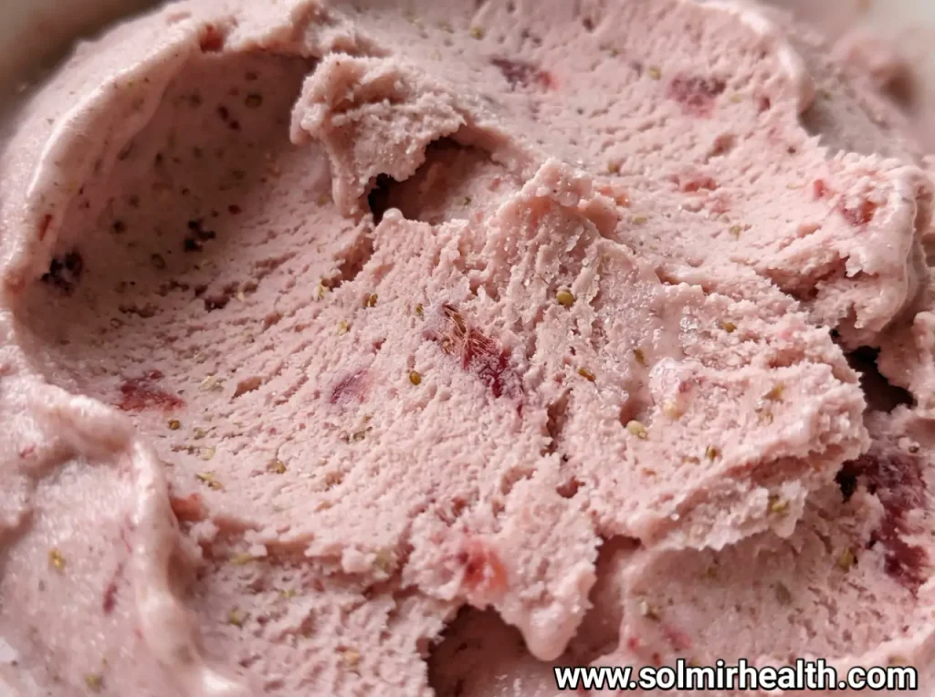 Bowl of pink strawberry protein ice cream with fresh strawberries