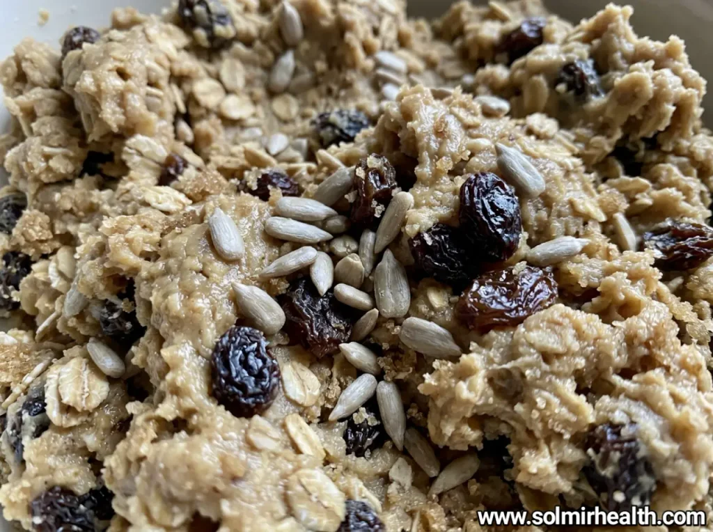 Sunflower seed butter raisin bites in a bowl with a spoon of oats