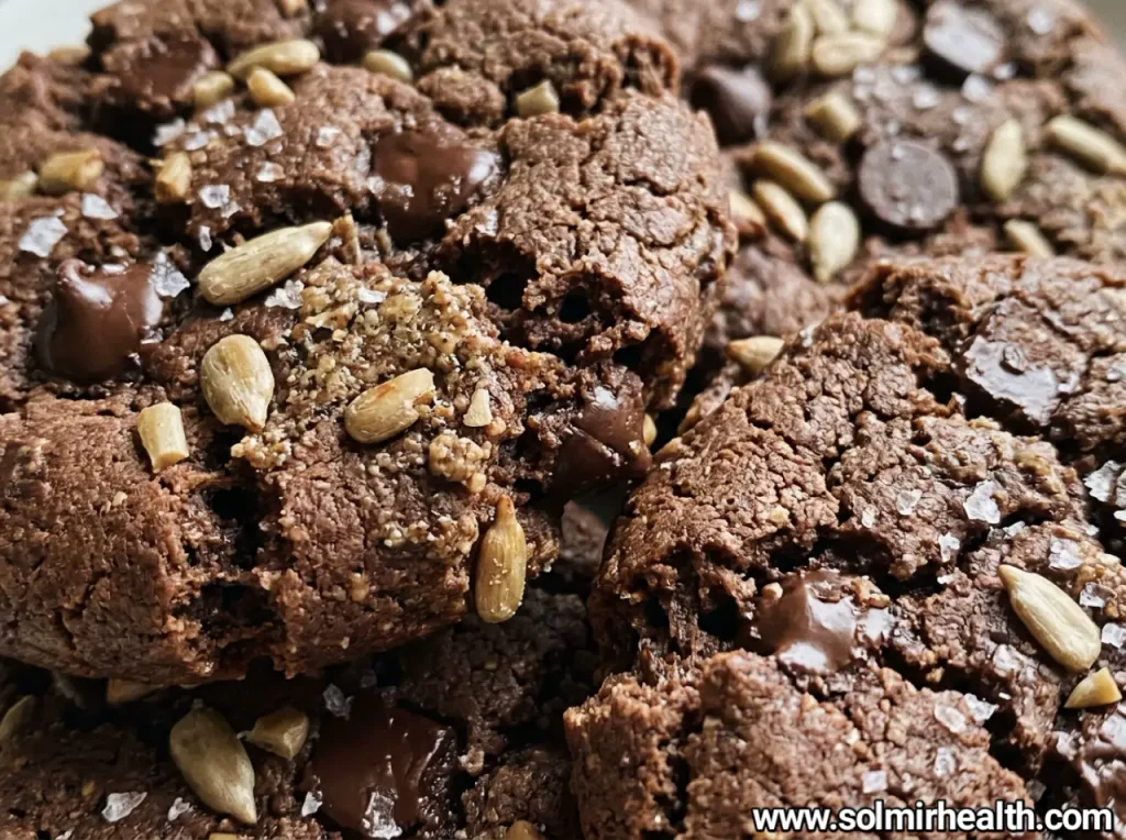 Dark chocolate sunflower seed butter cookies on a cooling rack