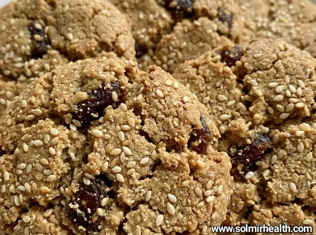 Tahini date cookies sprinkled with sesame seeds on parchment paper