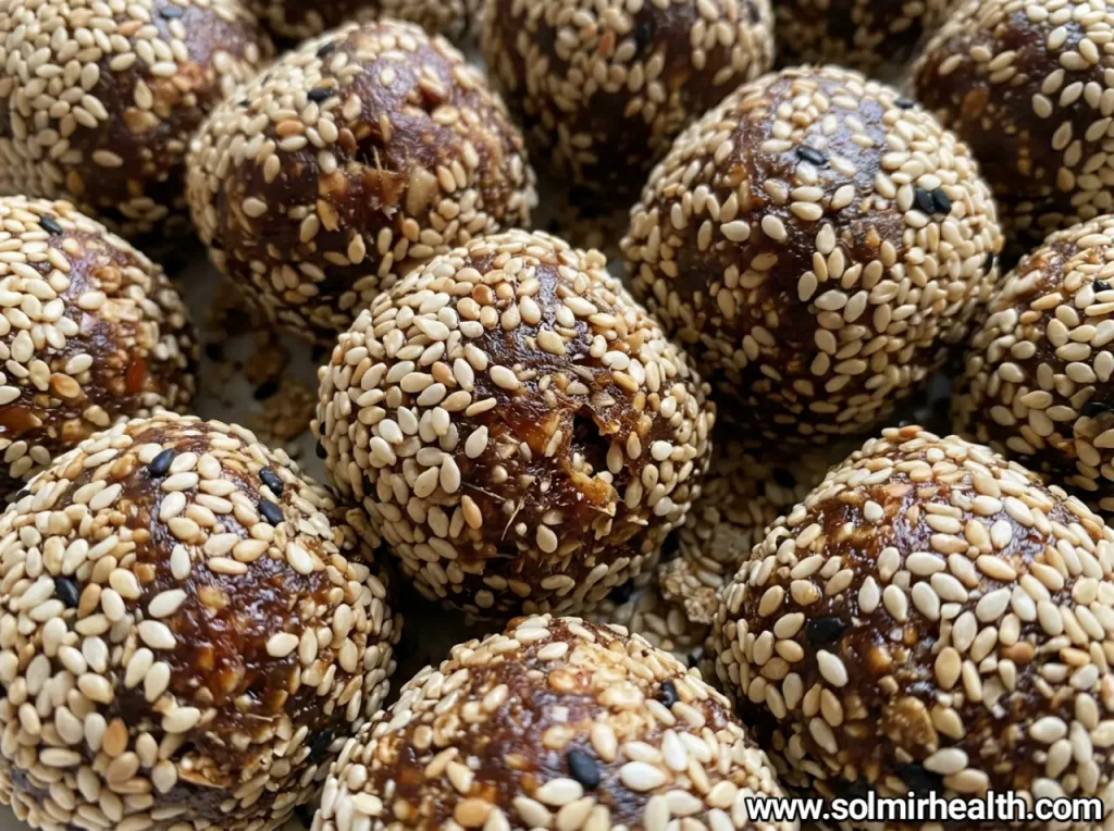 Tahini date bites rolled in sesame seeds on a plate