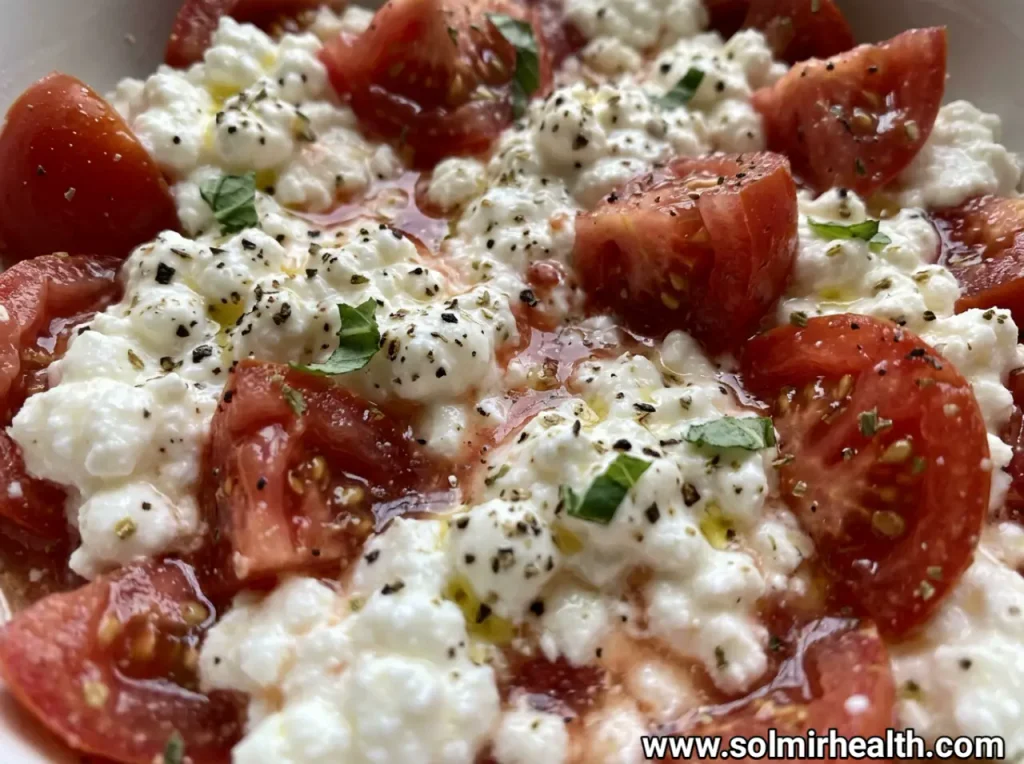A bowl of cottage cheese with halved cherry tomatoes, basil and balsamic drizzle