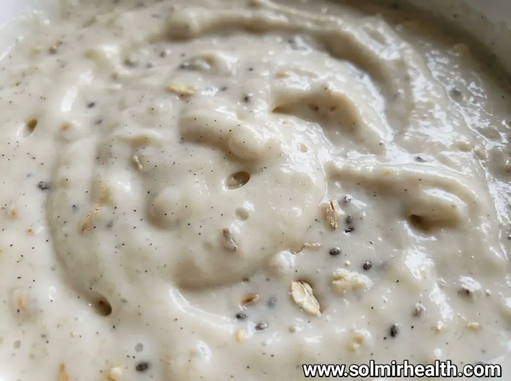 Bowl of vanilla protein pudding with a vanilla bean on the side